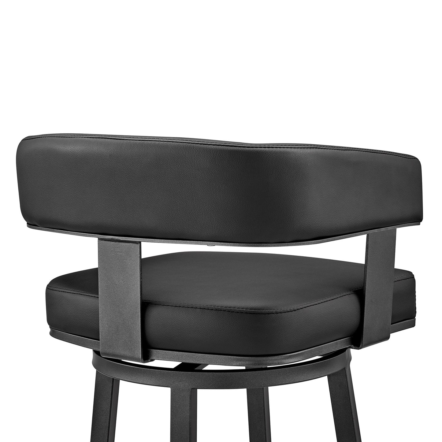 34" Black Faux Leather And Iron Swivel Low Back Counter Height Bar Chair