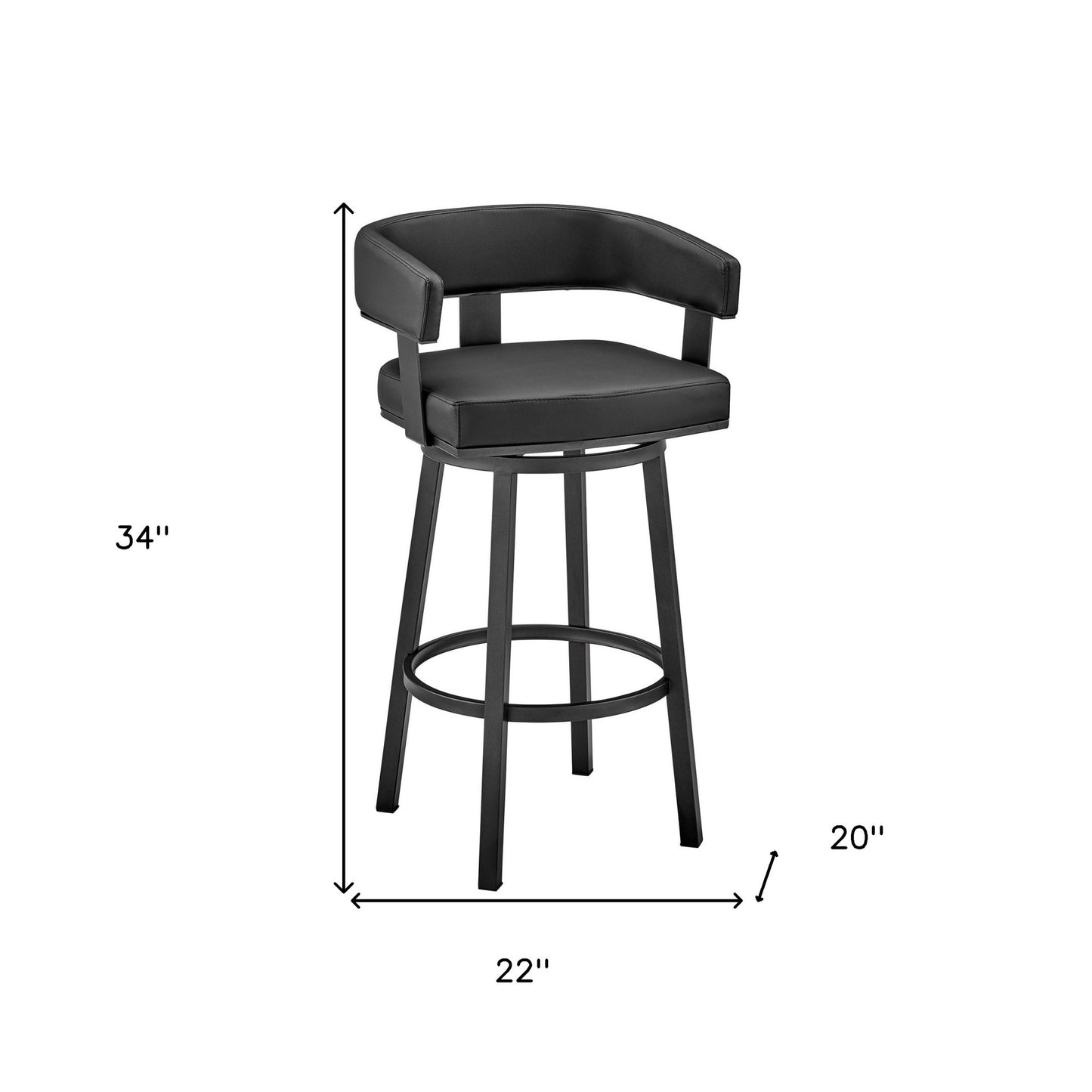 34" Black Faux Leather And Iron Swivel Low Back Counter Height Bar Chair