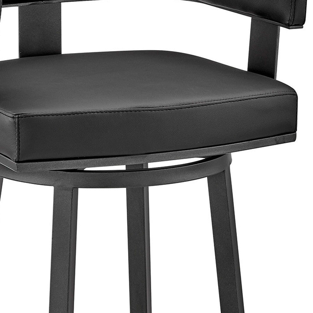 34" Black Faux Leather And Iron Swivel Low Back Counter Height Bar Chair