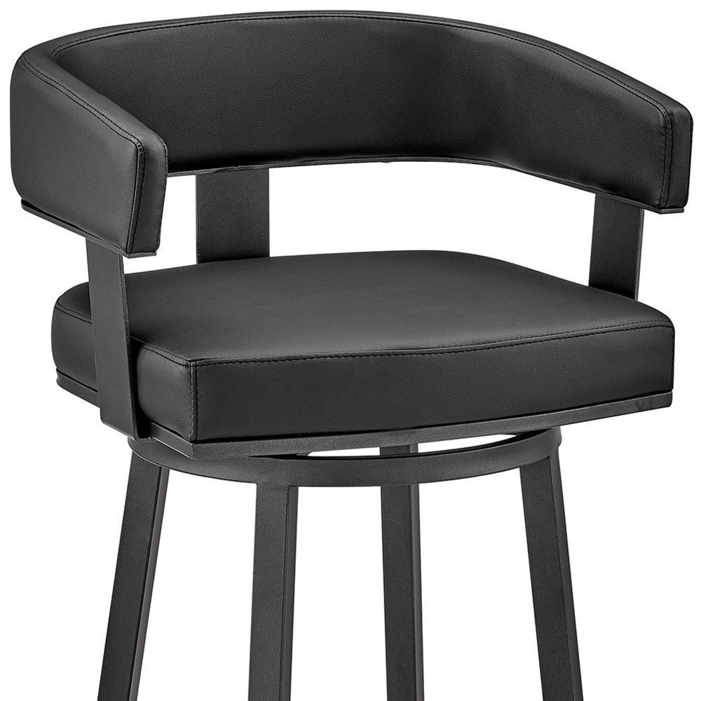 34" Black Faux Leather And Iron Swivel Low Back Counter Height Bar Chair