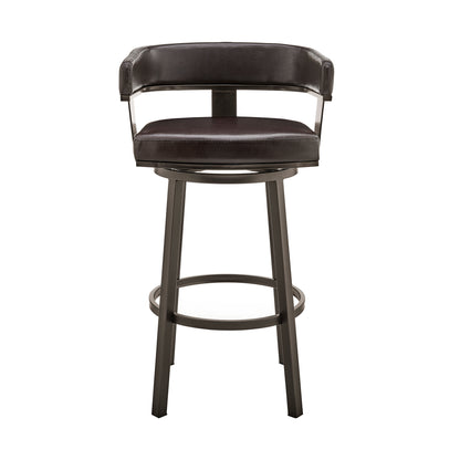 38" Chocolate Faux Leather And Iron Swivel Low Back Bar Height Chair