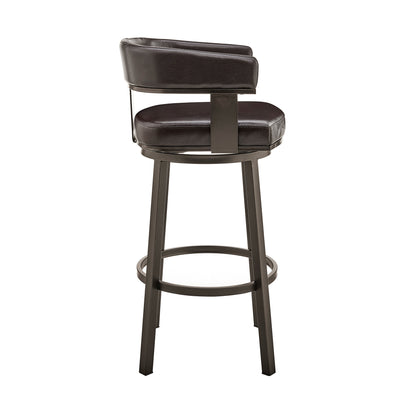 38" Chocolate Faux Leather And Iron Swivel Low Back Bar Height Chair