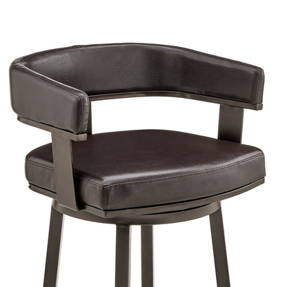 38" Chocolate Faux Leather And Iron Swivel Low Back Bar Height Chair