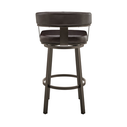 38" Chocolate Faux Leather And Iron Swivel Low Back Bar Height Chair