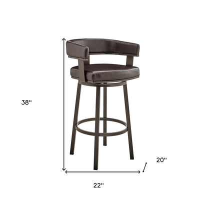 38" Chocolate Faux Leather And Iron Swivel Low Back Bar Height Chair