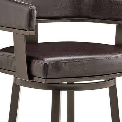 38" Chocolate Faux Leather And Iron Swivel Low Back Bar Height Chair