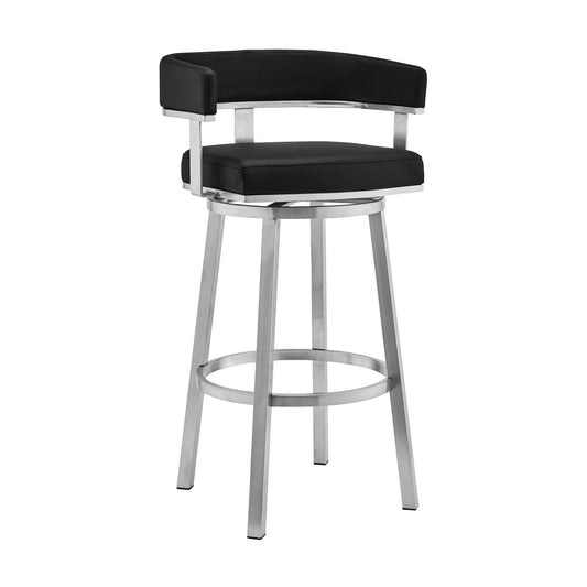 34" Black Faux Leather And Silver Swivel Low Back Counter Height Bar Chair