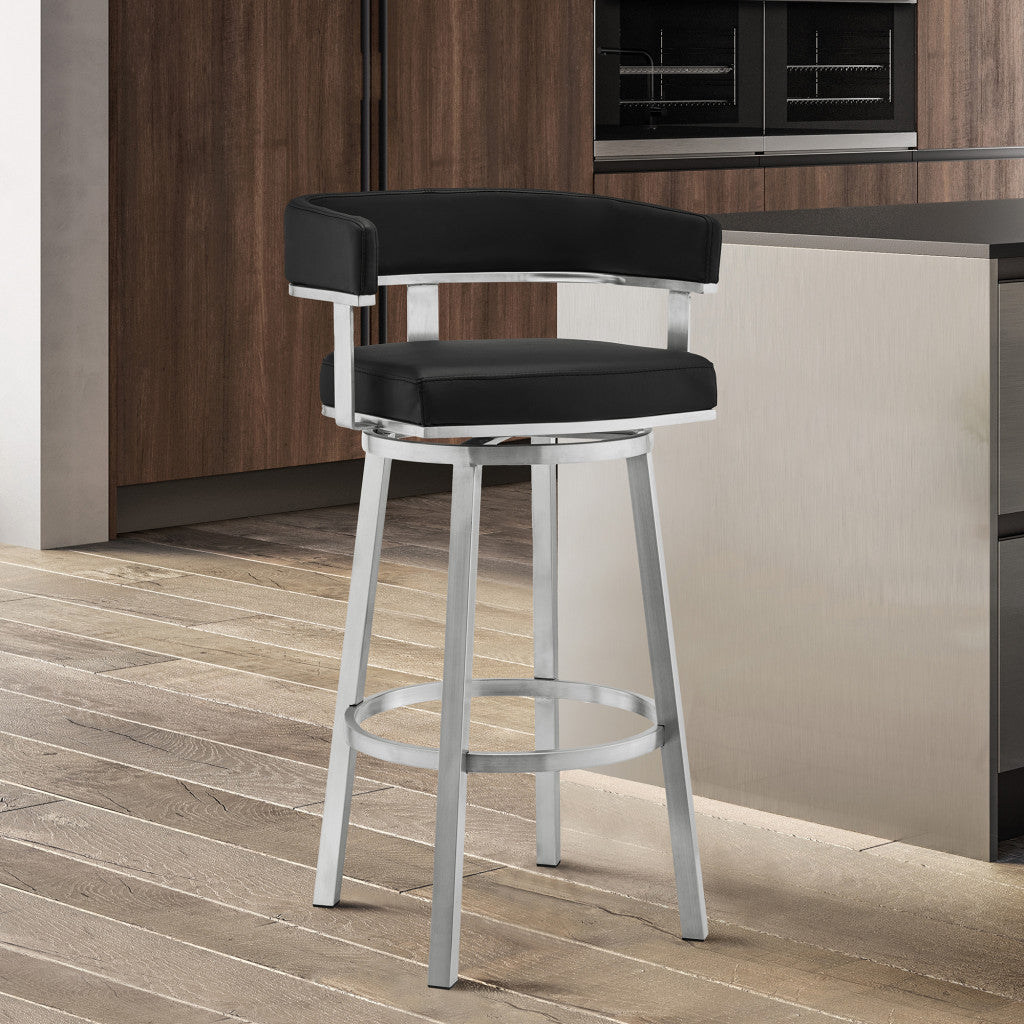 34" Black Faux Leather And Silver Swivel Low Back Counter Height Bar Chair