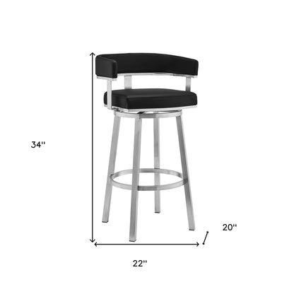 34" Black Faux Leather And Silver Swivel Low Back Counter Height Bar Chair