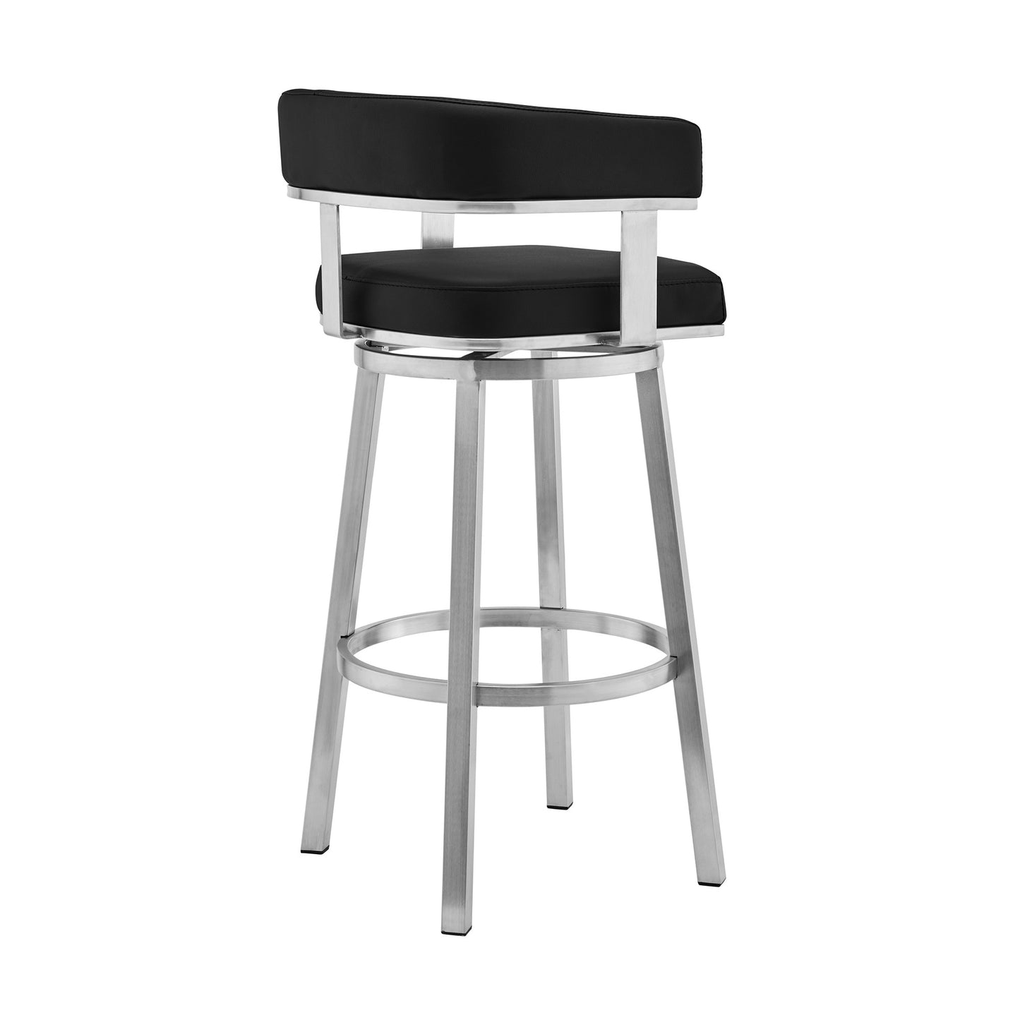38" Black And Silver Faux Leather Swivel Low Back Bar Height Chair With Footrest