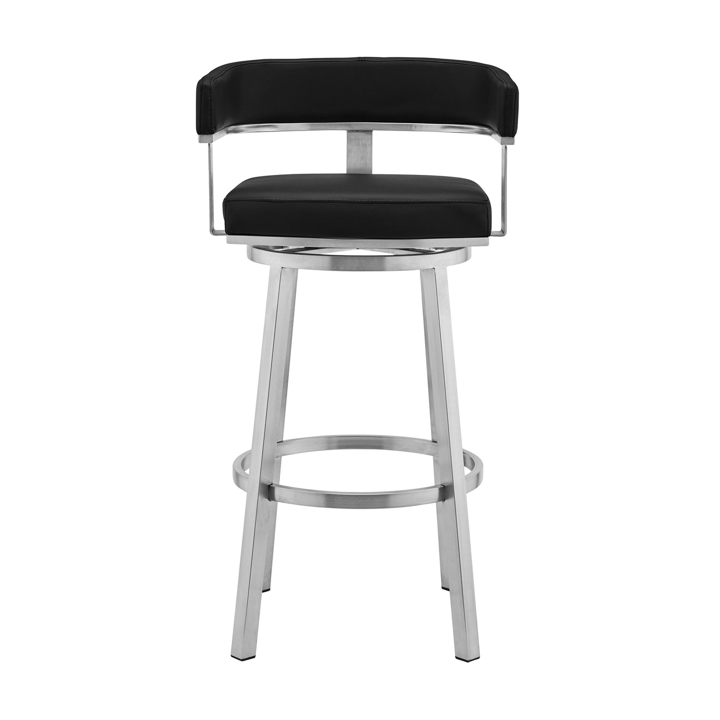 38" Black And Silver Faux Leather Swivel Low Back Bar Height Chair With Footrest