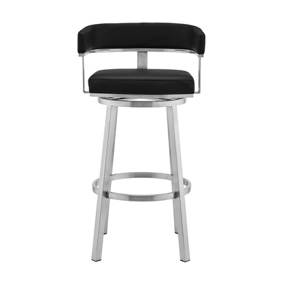 38" Black And Silver Faux Leather Swivel Low Back Bar Height Chair With Footrest