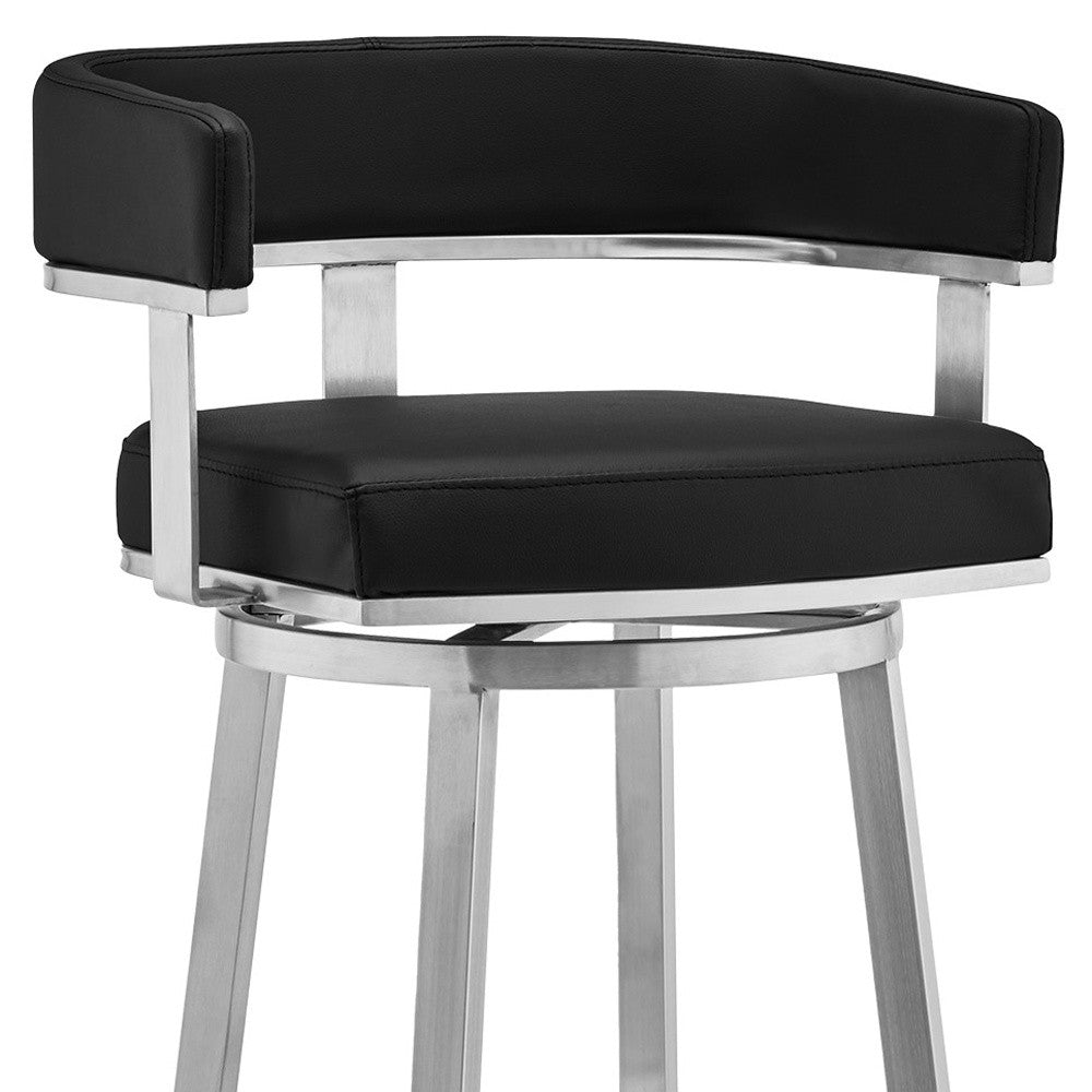 38" Black And Silver Faux Leather Swivel Low Back Bar Height Chair With Footrest