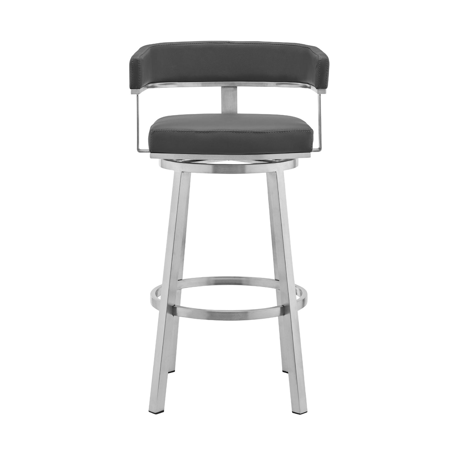 34" Gray And Silver Faux Leather And Iron Swivel Low Back Counter Height Bar Chair With Footrest