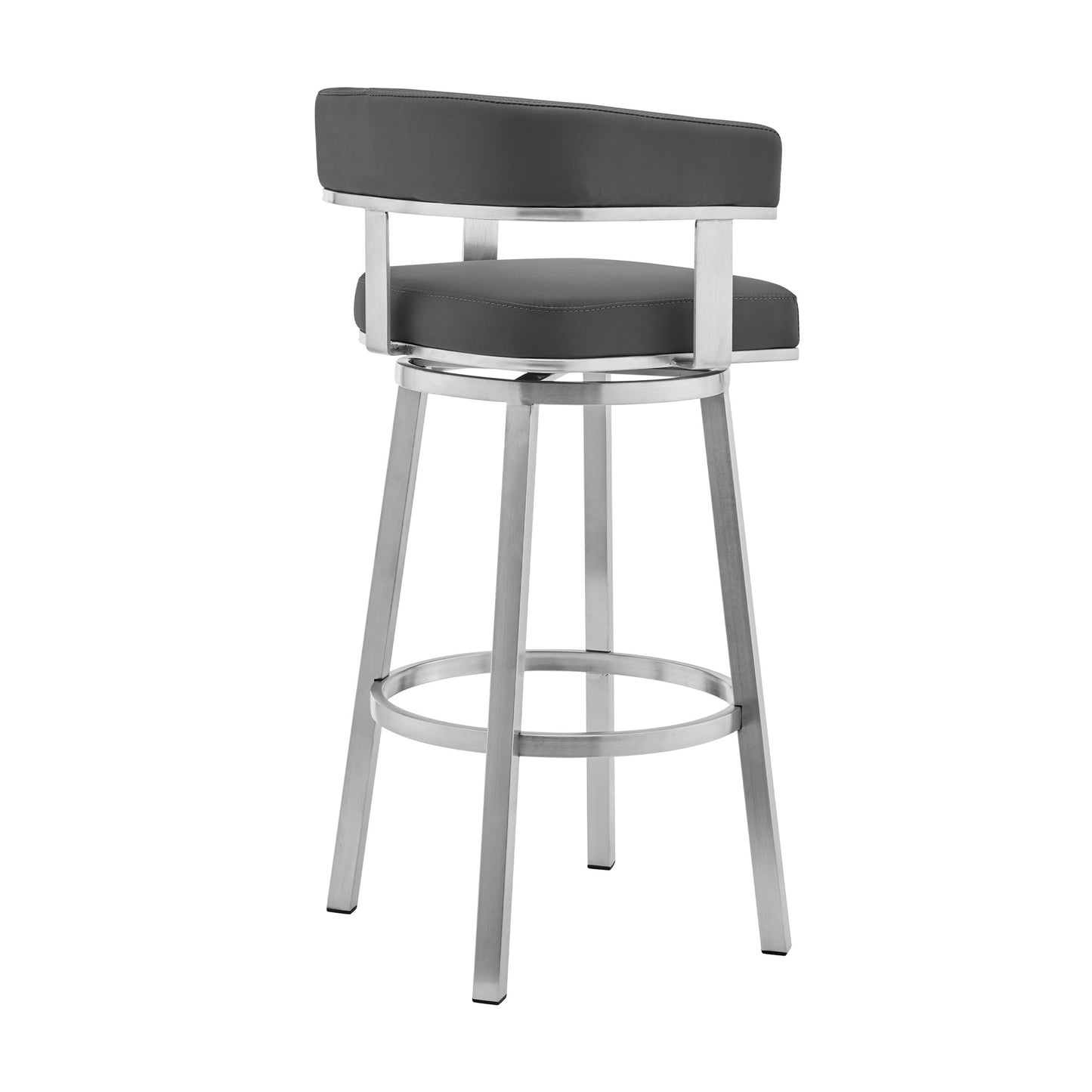 34" Gray And Silver Faux Leather And Iron Swivel Low Back Counter Height Bar Chair With Footrest