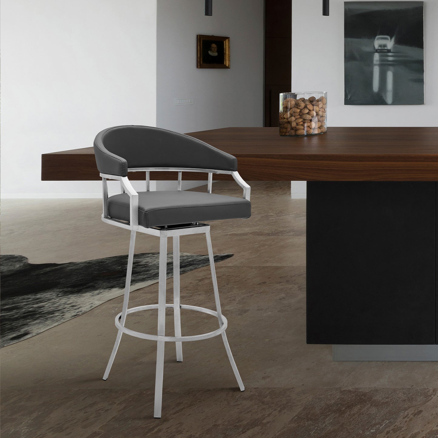 36" Gray Faux Leather And Iron Swivel Low Back Counter Height Bar Chair