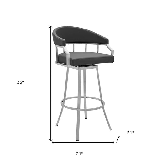36" Gray Faux Leather And Iron Swivel Low Back Counter Height Bar Chair