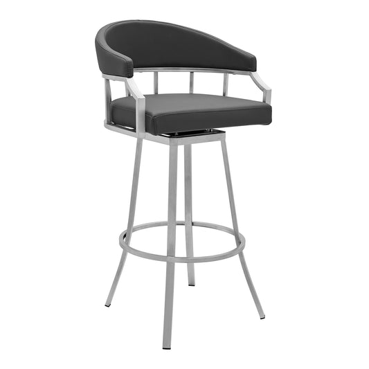 40" Gray Faux Leather And Iron Swivel Low Back Bar Height Chair