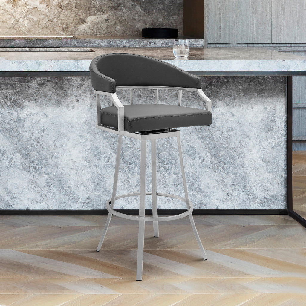 40" Gray Faux Leather And Iron Swivel Low Back Bar Height Chair