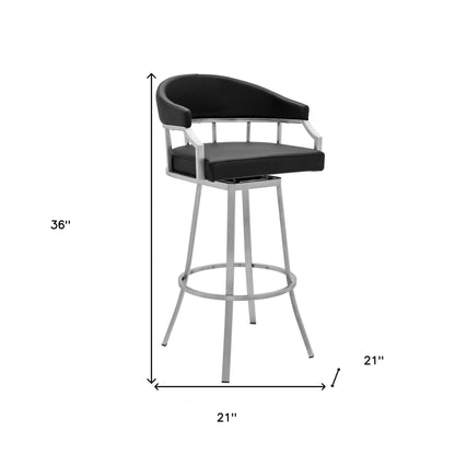 36" Black Faux Leather And Iron Swivel Low Back Counter Height Bar Chair
