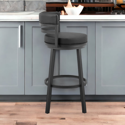 30" Black Faux Leather And Iron Swivel Low Back Bar Height Bar Chair With Footrest
