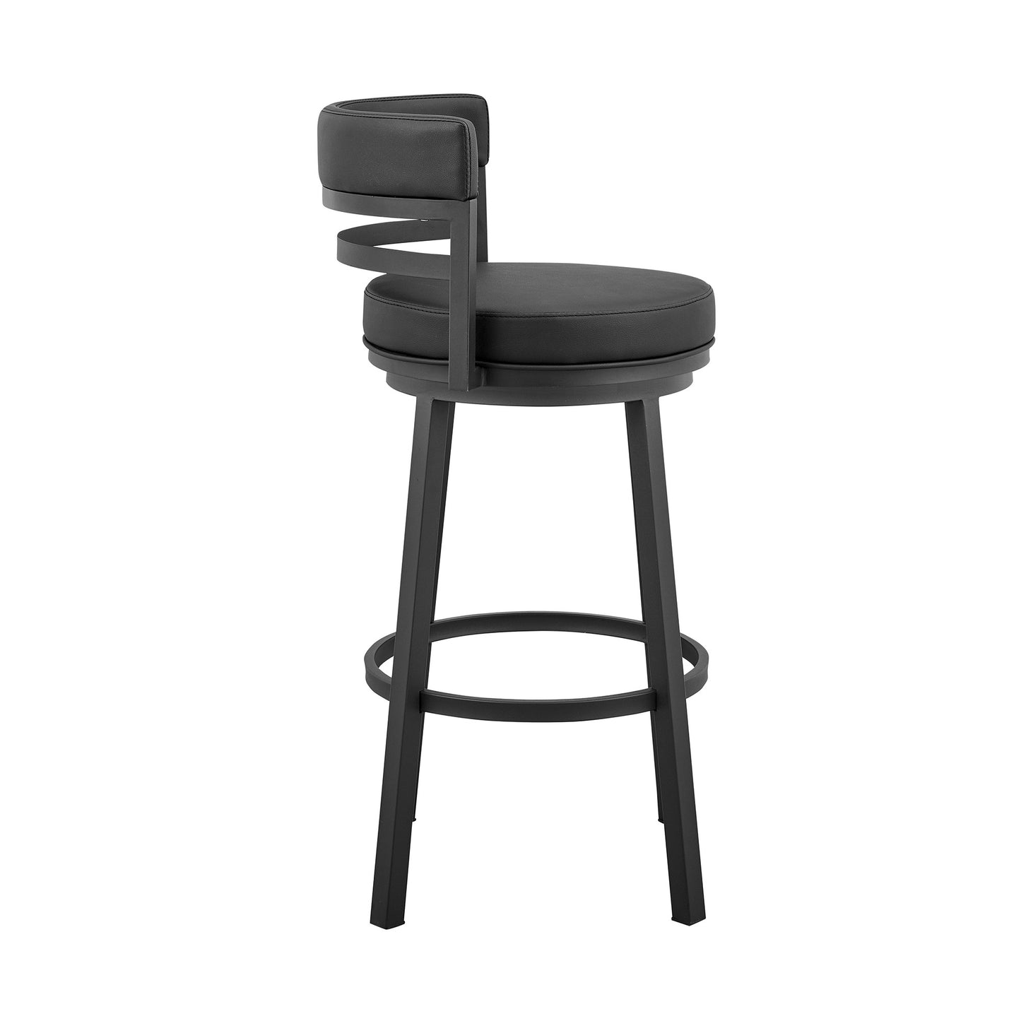30" Black Faux Leather And Iron Swivel Low Back Bar Height Bar Chair With Footrest