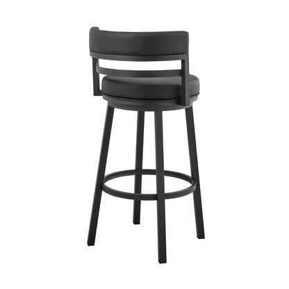 30" Black Faux Leather And Iron Swivel Low Back Bar Height Bar Chair With Footrest