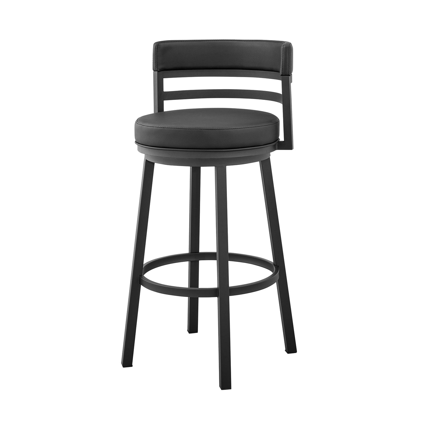 30" Black Faux Leather And Iron Swivel Low Back Bar Height Bar Chair With Footrest