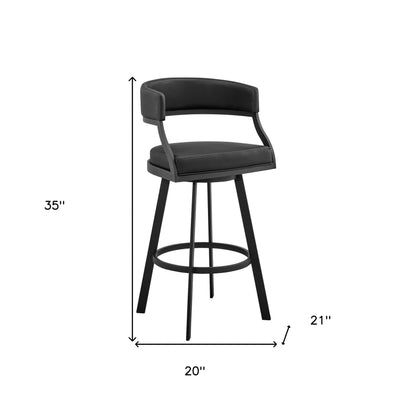 35" Black Faux Leather And Iron Swivel Low Back Counter Height Bar Chair