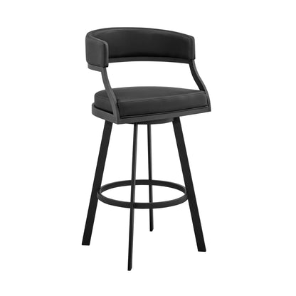35" Black Faux Leather And Iron Swivel Low Back Counter Height Bar Chair
