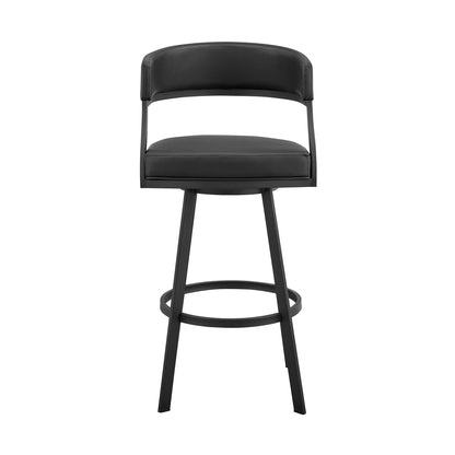 35" Black Faux Leather And Iron Swivel Low Back Counter Height Bar Chair