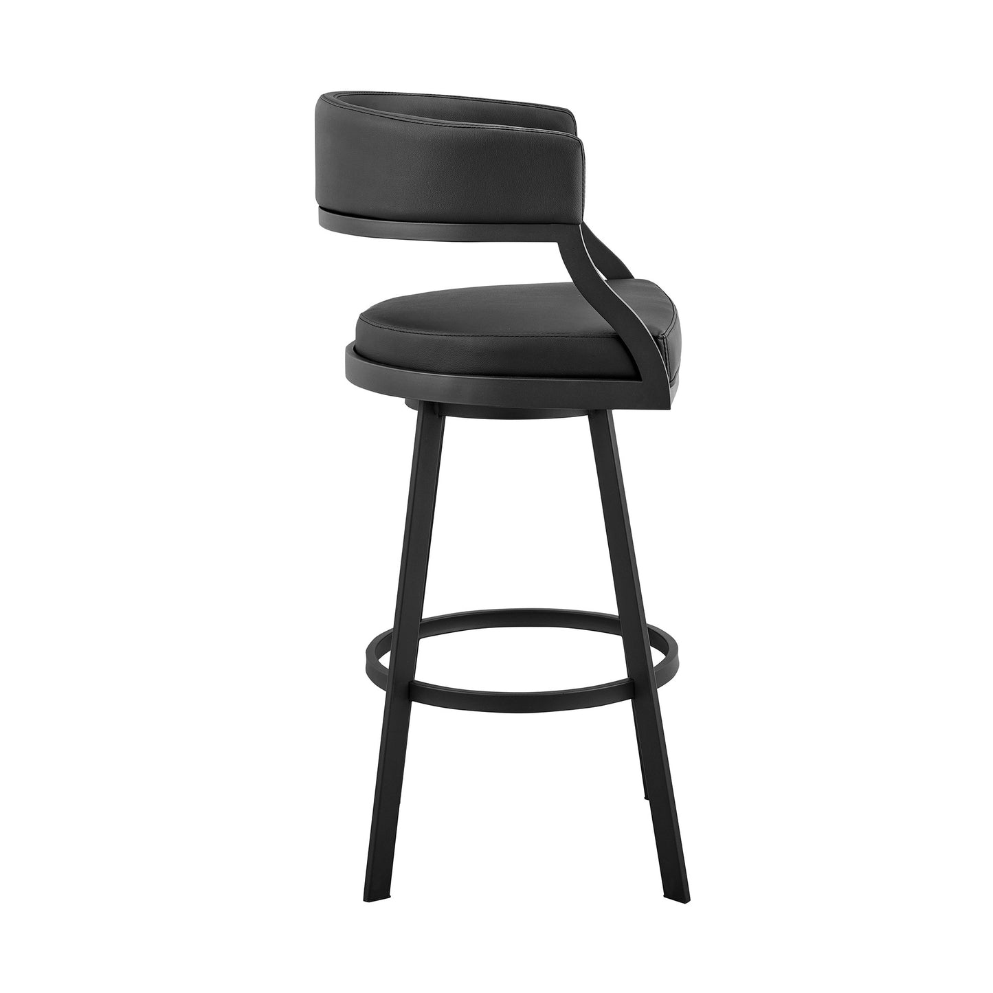 35" Black Faux Leather And Iron Swivel Low Back Counter Height Bar Chair