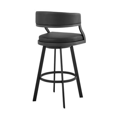 35" Black Faux Leather And Iron Swivel Low Back Counter Height Bar Chair