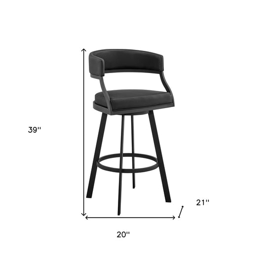 39" Black Faux Leather And Iron Swivel Low Back Bar Height Chair