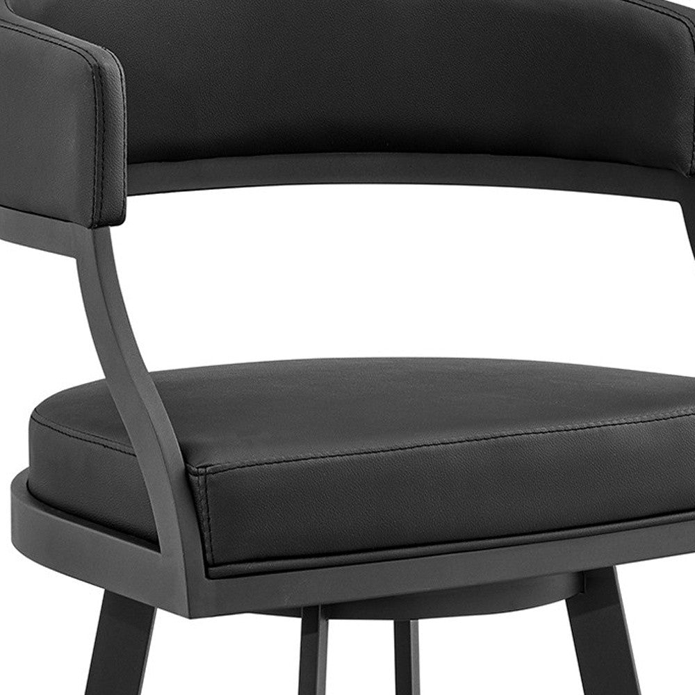 39" Black Faux Leather And Iron Swivel Low Back Bar Height Chair