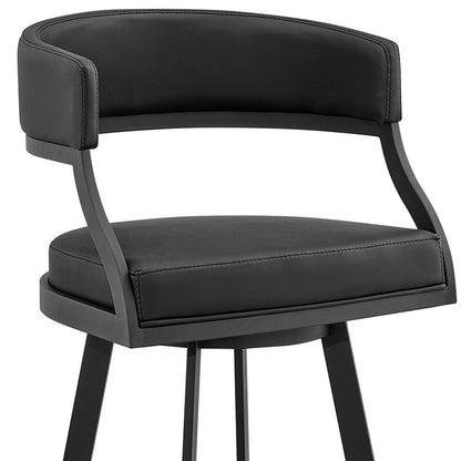 39" Black Faux Leather And Iron Swivel Low Back Bar Height Chair