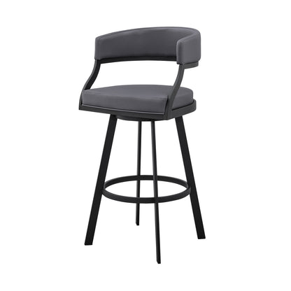 35" Grey Faux Leather And Iron Swivel Low Back Counter Height Bar Chair