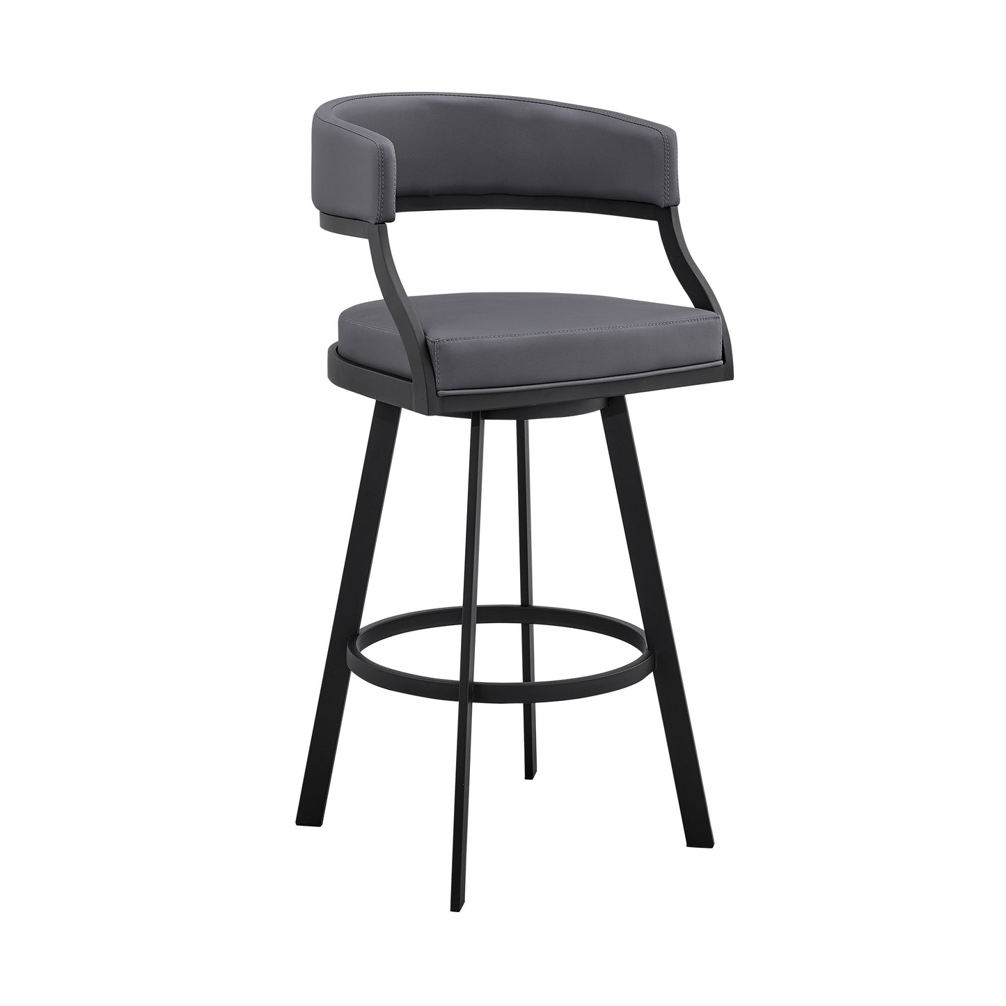 39" Grey Faux Leather And Iron Swivel Low Back Bar Height Chair