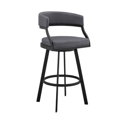 39" Grey Faux Leather And Iron Swivel Low Back Bar Height Chair
