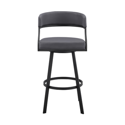 39" Grey Faux Leather And Iron Swivel Low Back Bar Height Chair