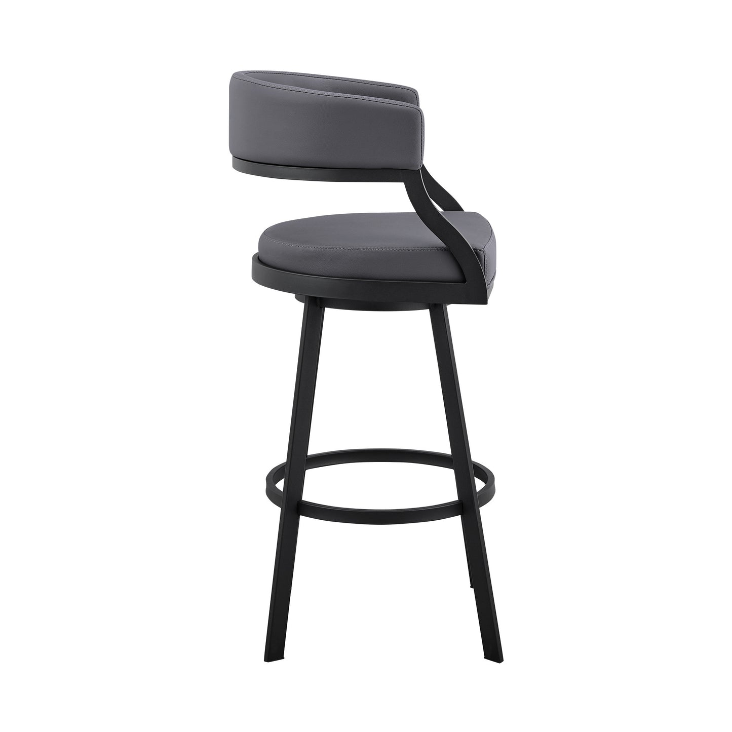 39" Grey Faux Leather And Iron Swivel Low Back Bar Height Chair