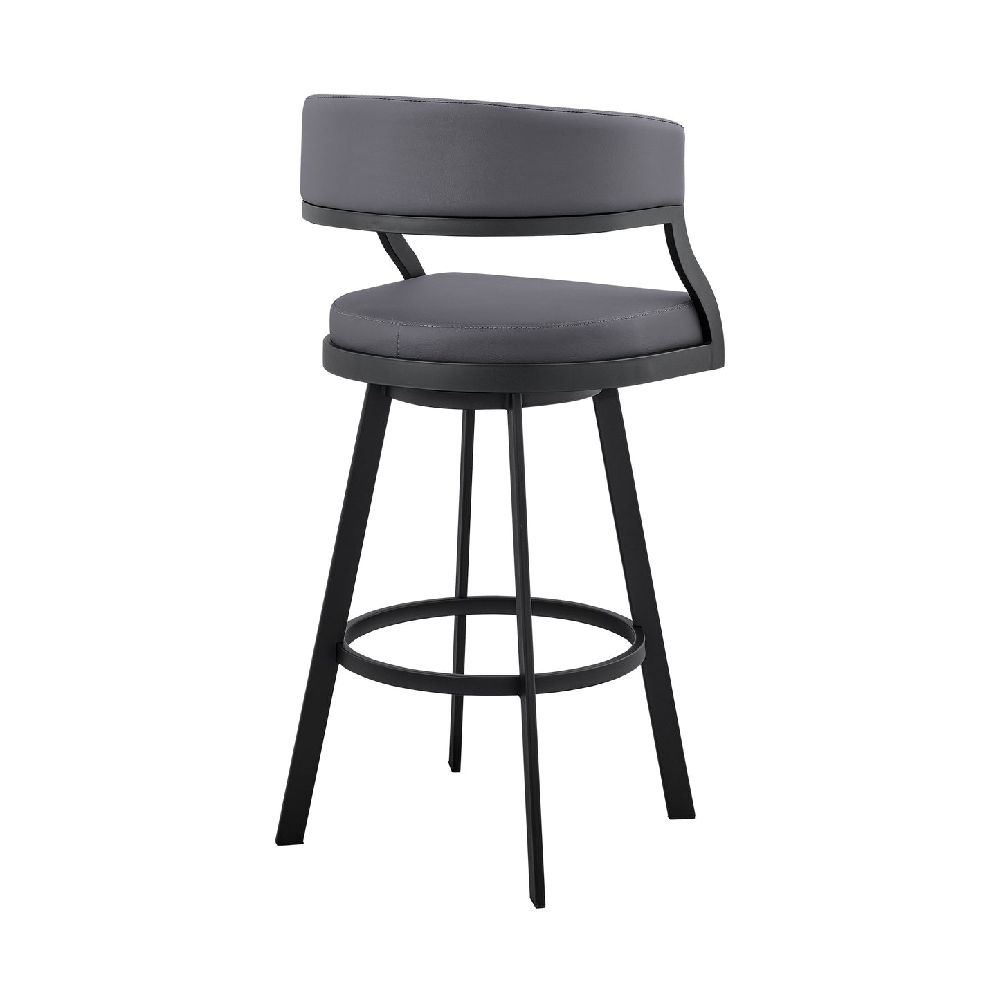 39" Grey Faux Leather And Iron Swivel Low Back Bar Height Chair