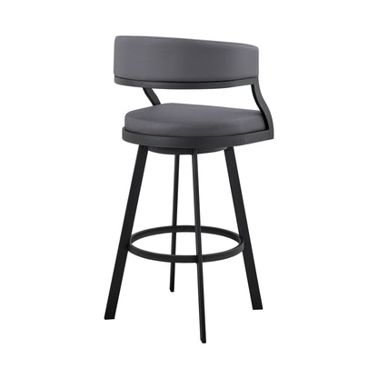 39" Grey Faux Leather And Iron Swivel Low Back Bar Height Chair