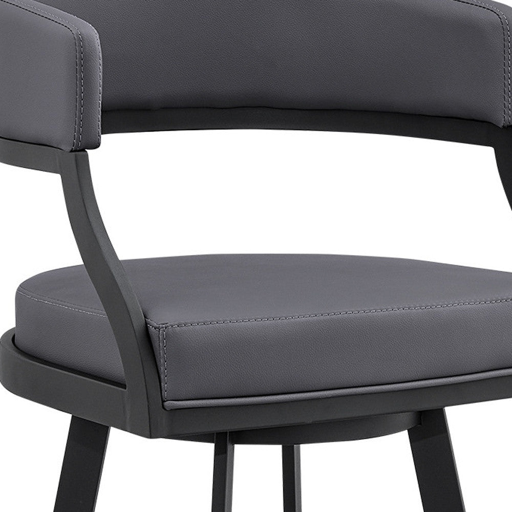 39" Grey Faux Leather And Iron Swivel Low Back Bar Height Chair