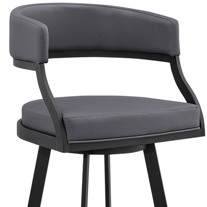 39" Grey Faux Leather And Iron Swivel Low Back Bar Height Chair