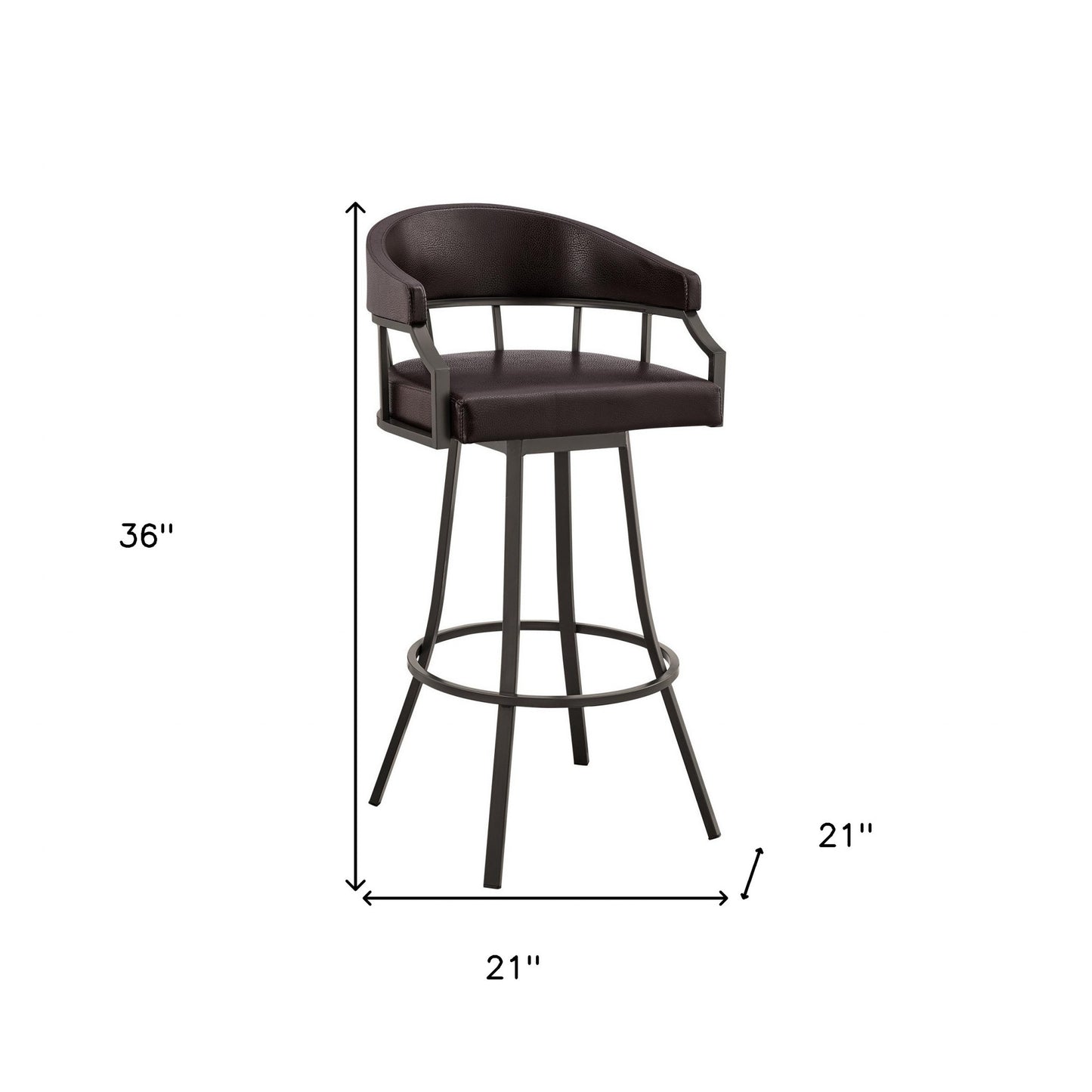 36" Brown Faux Leather And Iron Swivel Low Back Counter Height Bar Chair