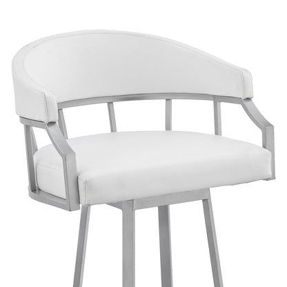 40" White Faux Leather And Iron Swivel Low Back Bar Height Chair