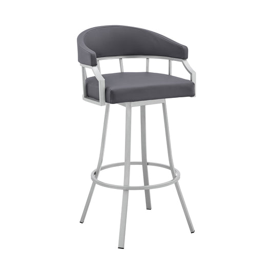 40" Slate Grey Faux Leather And Iron Swivel Low Back Bar Height Chair