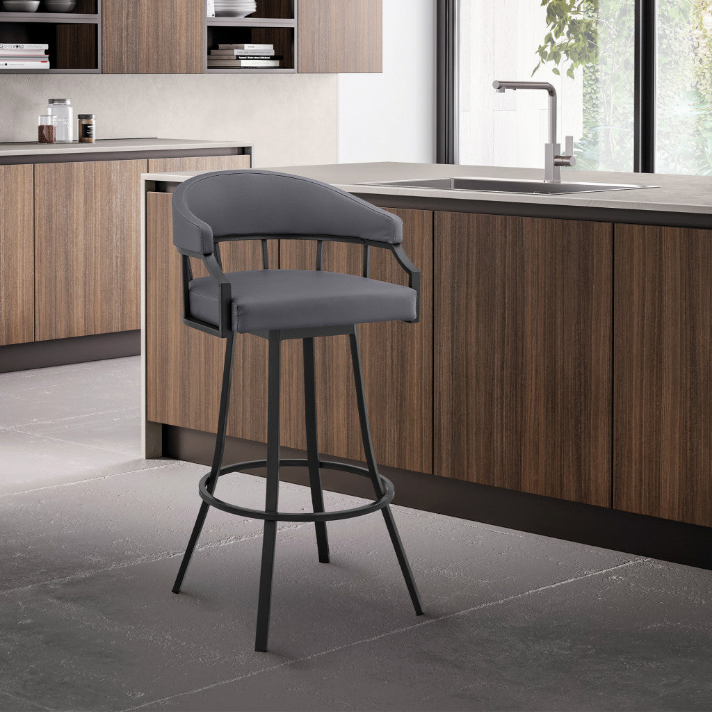 26" Slate Gray and Black Faux Leather and Steel Swivel Low Back Counter Height Bar Chair with Footrest
