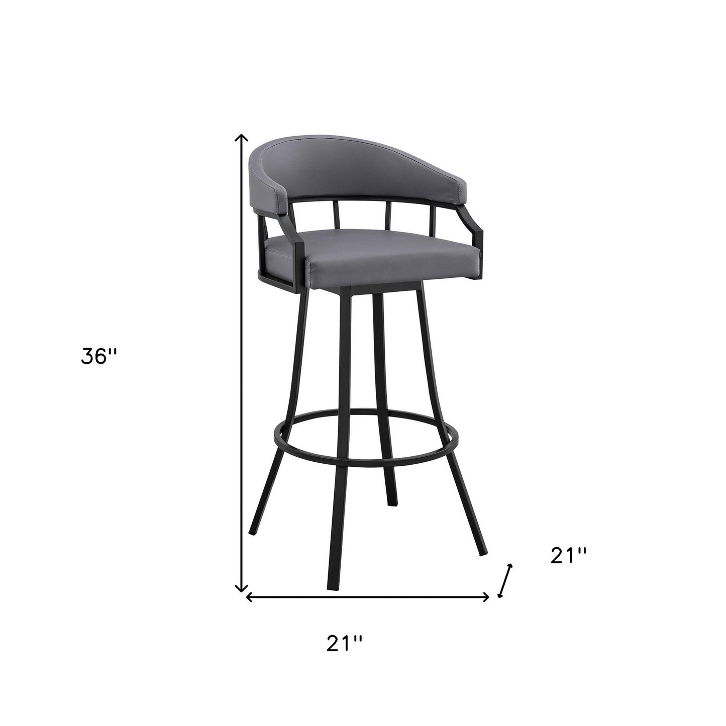26" Slate Gray and Black Faux Leather and Steel Swivel Low Back Counter Height Bar Chair with Footrest